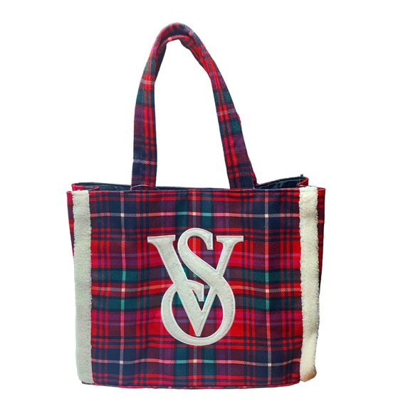 Victorias Secret Tartan Plaid‎ Fleece Trim Monogrammed Holiday Themed Tote - Picture 2 of 9